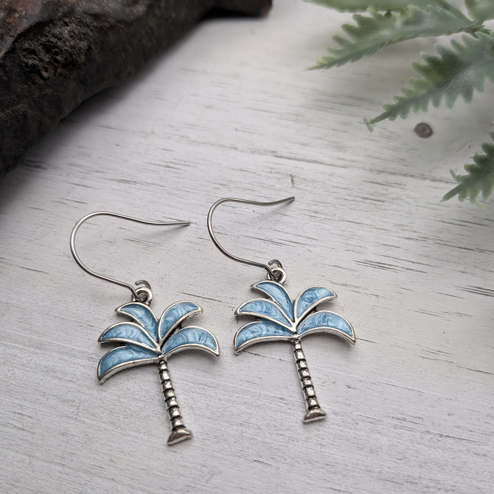 Blue Palm Tree Dangle Earrings / Beach Jewelry - Picture 2 of 5